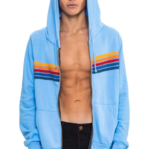 Aviator Nation Light Blue Zip-Up Hoodie with Multicolor Chest Stripes - Picture 3 of 9